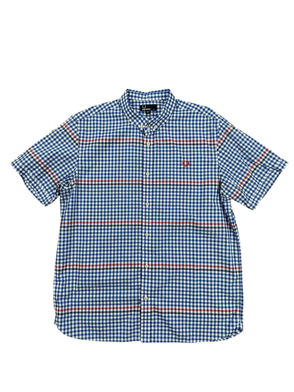 Fred Perry Gingham Short Sleeve Button Down Blue Red White — Size XL